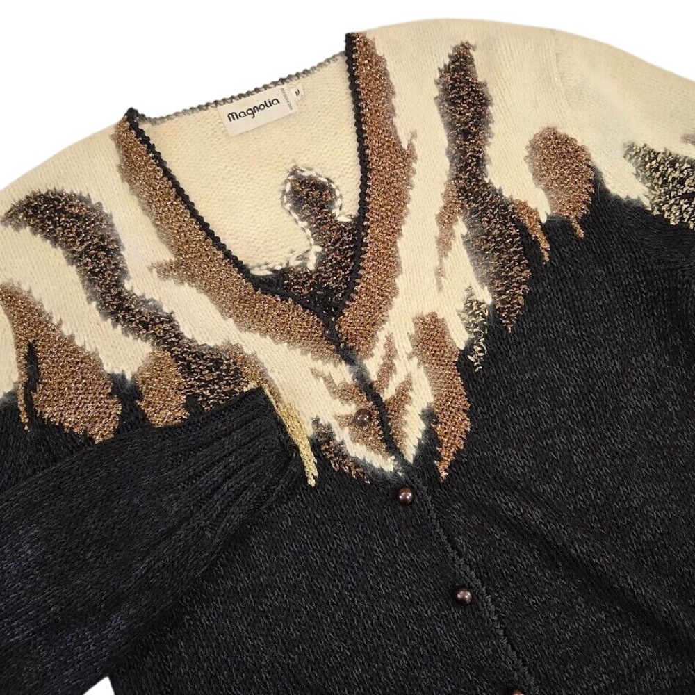 Magnolia Women's M Vintage Cardigan Black Cream Bronze Angora Metallic Knit